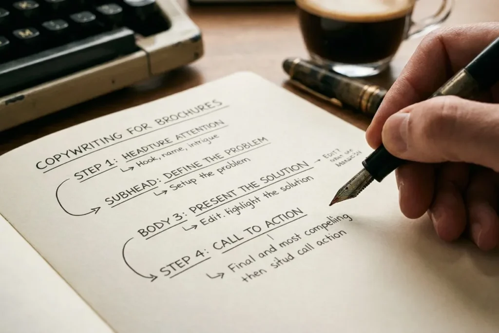 close-up detail shot, sharp focus of a professional copywriter drafting the first concepts for Copywriting for Brochures on premium paper, with a focus on headline structure
