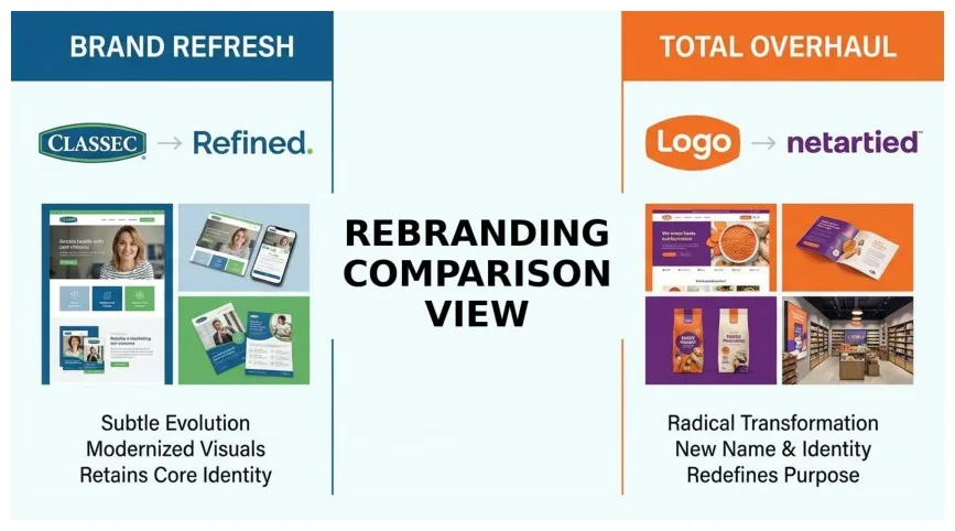 comparative display, side-by-side layout of Rebranding on the difference between a brand refresh and a total overhaul, professional appearance