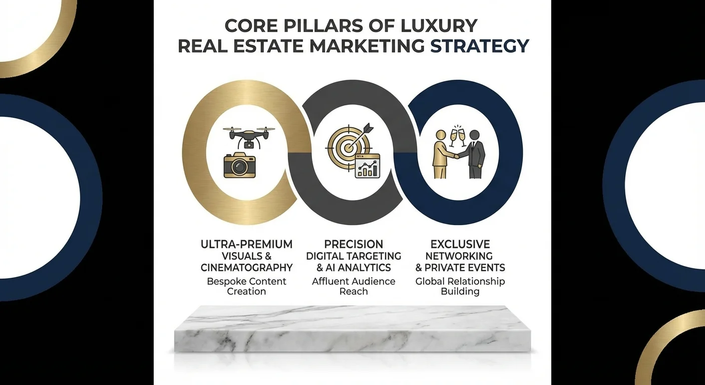A clean and professional infographic diagram illustrating the core pillars of a luxury real estate Marketing Strategy, featuring icons for high-end photography, digital targeting, and exclusive networking events, presented in a sleek corporate style.