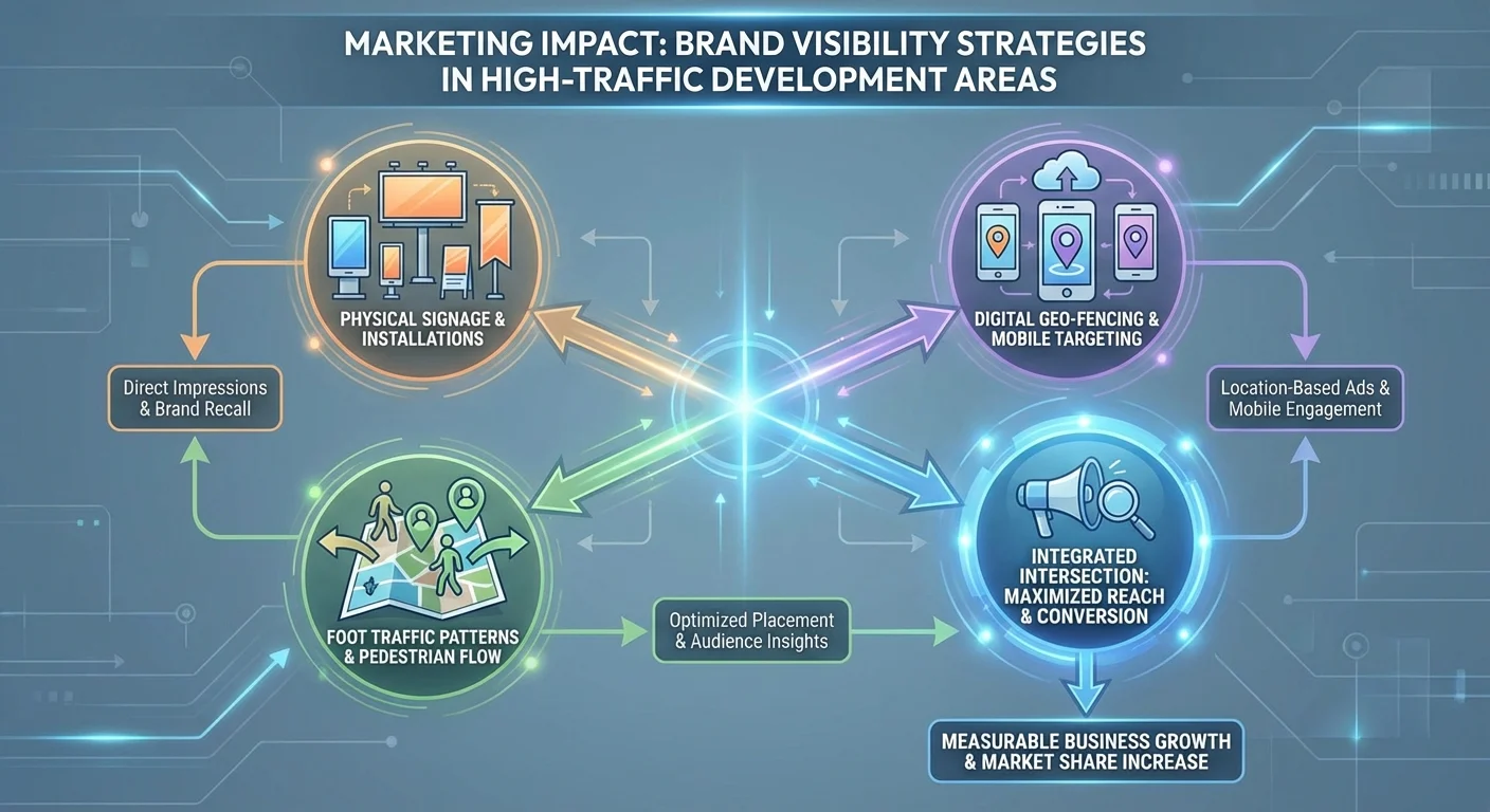A detailed infographic in a professional diagram style illustrating the Marketing Impact of brand visibility strategies in high-traffic development areas, showing the intersection of physical signage, foot traffic patterns, and digital geo-fencing to maximize reach.