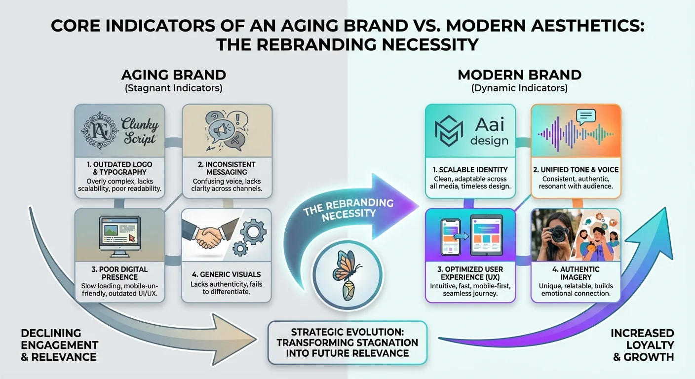 A detailed infographic style diagram illustrating the core indicators of an aging brand, featuring a comparison between stagnant design elements and modern aesthetics to highlight the necessity of Rebranding, professional and informative layout