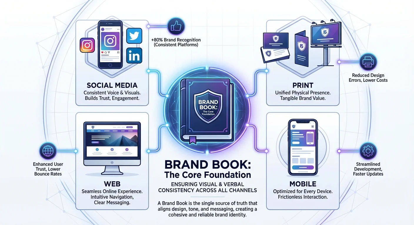 A detailed infographic showing a central Brand Book icon connected by glowing lines to various channels like social media, print, web, and mobile, illustrating Why a Brand Book ensures visual and verbal consistency across all channels in a professional and clean diagram style
