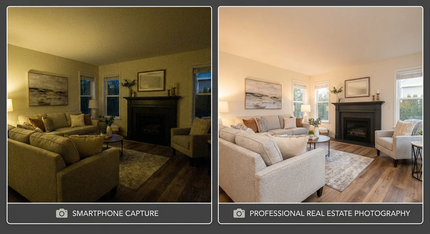 A detailed side-by-side comparative layout showing a dimly lit living room captured by a smartphone versus the same room captured through Professional Photography in Real Estate using a wide-angle lens and external lighting, highlighting the clarity and color accuracy of professional gear