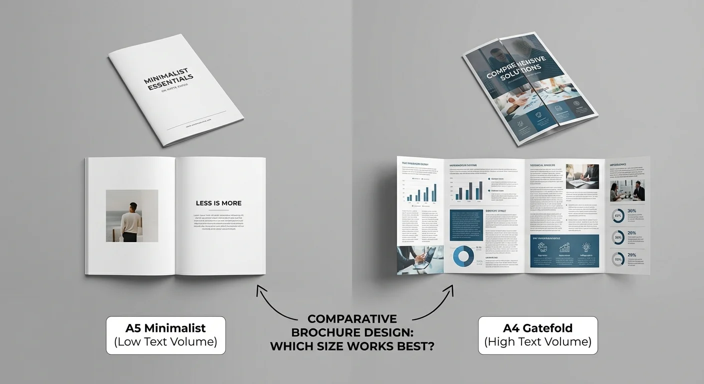 A professional side-by-side comparative layout showing a minimalist A5 brochure next to a content-heavy A4 gatefold, demonstrating Which Brochure Size works best for different text volumes with clear visual hierarchy