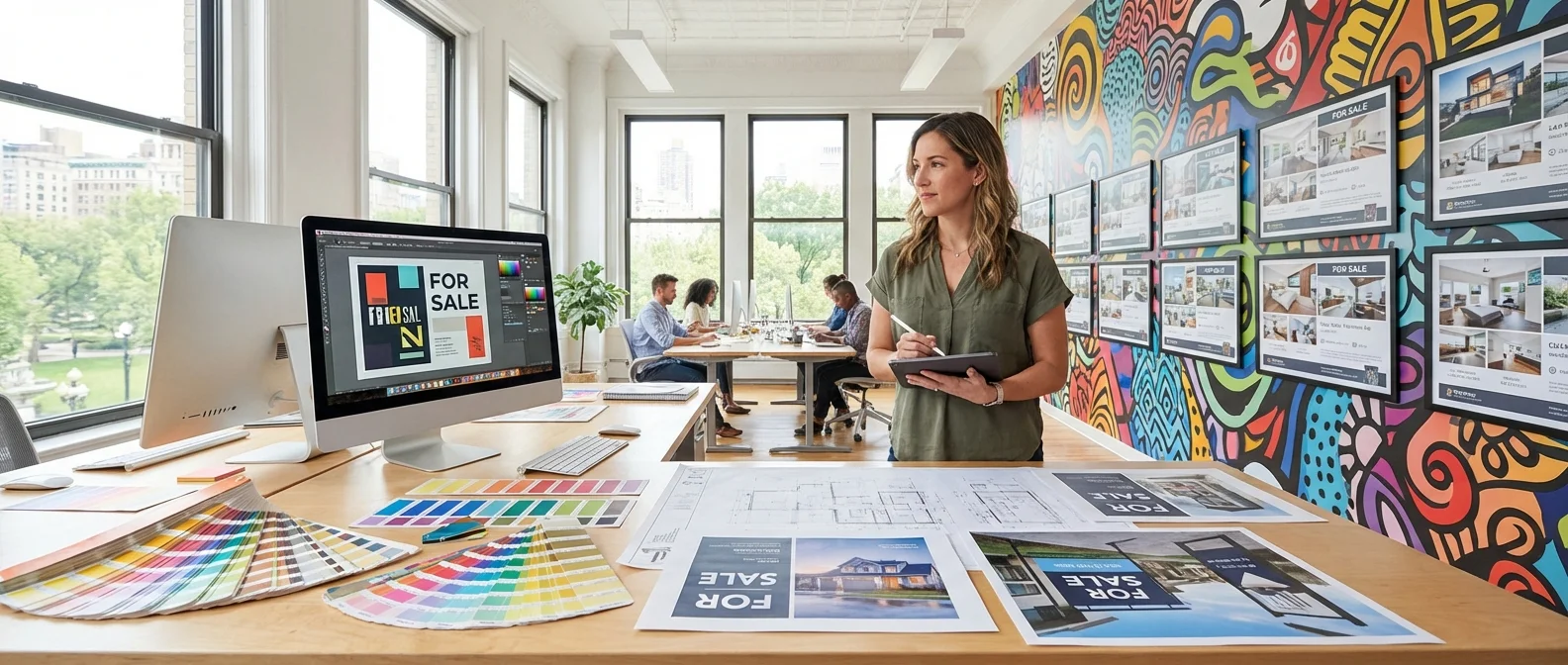 A wide panoramic view of a professional designer creating eye-catching for sale signs in a bright studio, featuring vibrant color swatches and modern real estate layouts, illustrative overview, professional photography