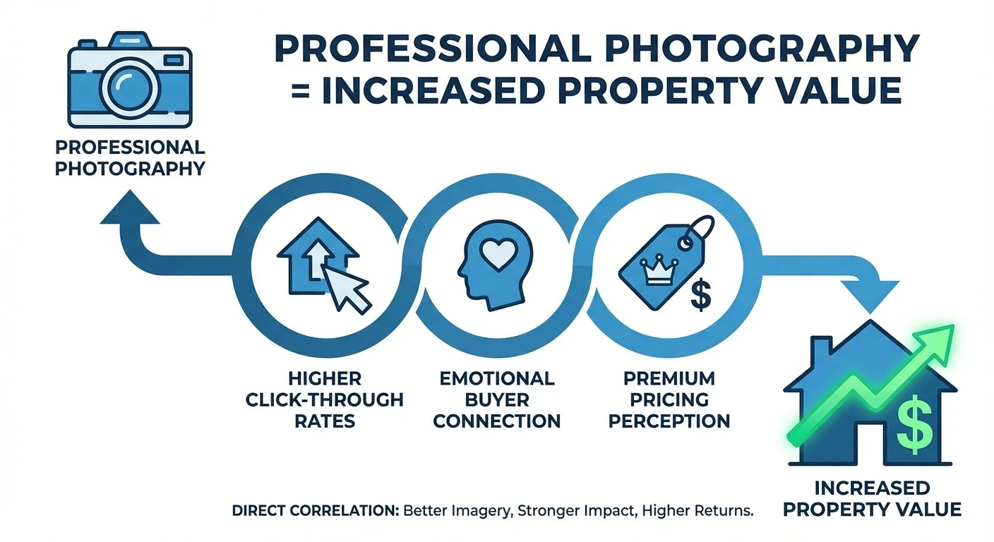 An informative infographic style diagram showing the direct correlation between Professional Photography in Real Estate and increased property value, featuring icons for higher click-through rates, emotional buyer connection, and premium pricing perception, with a clean and professional layout.