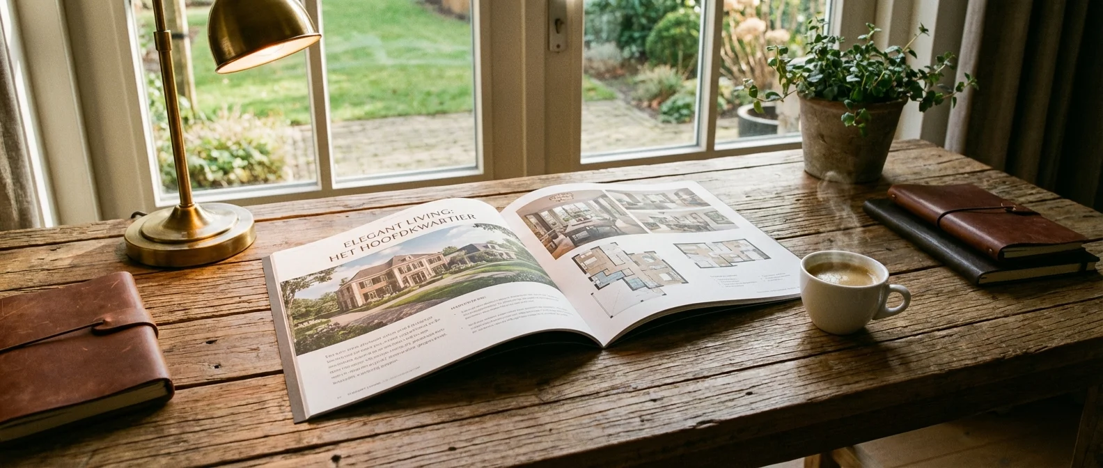 Breed panorama van Create a Real Estate Brochure, warme sfeer, uitnodigende compositie met luxe vastgoedmarketing op een houten bureau, professionele fotografie