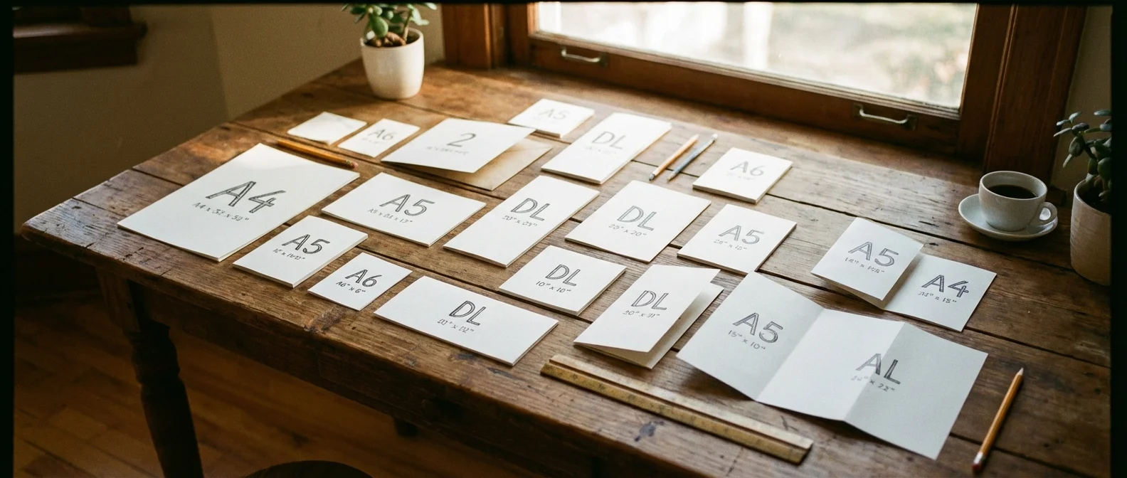 Wide panorama of Which Brochure Size options, illustrative overview of different paper sizes on a wooden table, atmospheric presentation, professional photography