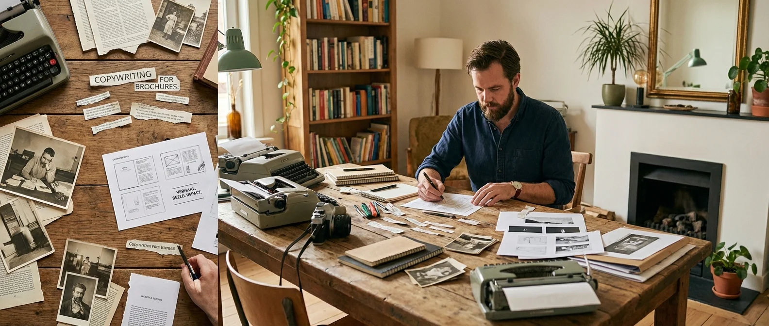 Breed panorama van Copywriting for Brochures, sfeervolle weergave van een ontwerper die tekst en beeld combineert op een houten bureau, professionele fotografie, uitnodigende compositie
