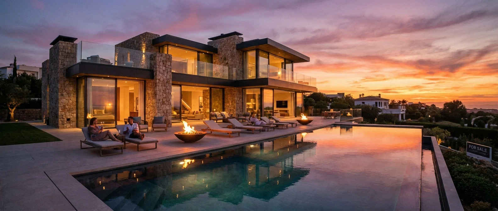 Wide panoramic view of a luxury villa at sunset as part of a marketing strategy, atmospheric look and feel, inviting composition, professional photography.
