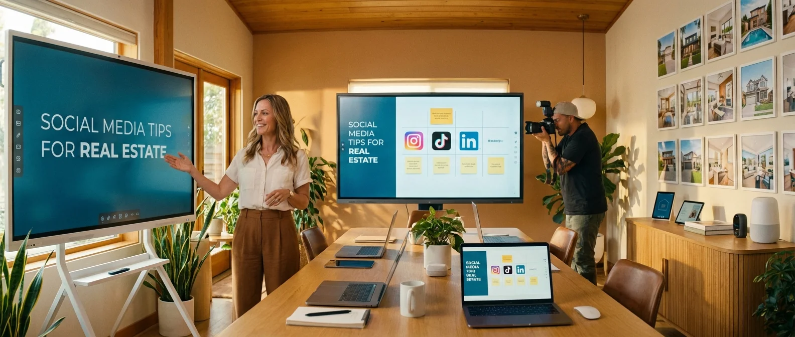 Wide panoramic view for Social Media Tips for Real Estate, an atmospheric scene of a modern real estate agent working with digital tools, warm mood, professional photography.