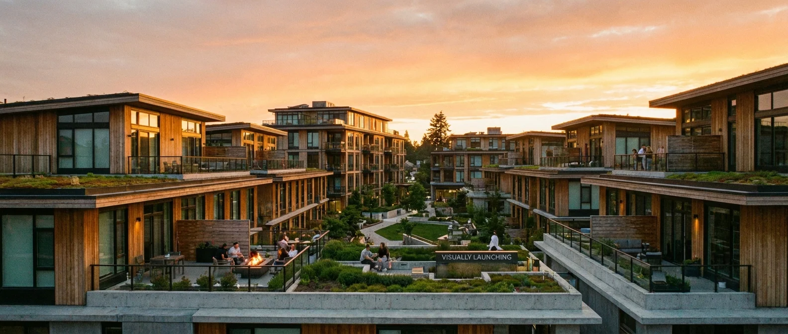 Wide panoramic view for Visually Launching, an atmospheric scene of a modern residential complex at sunset, professional architectural photography with an inviting composition.