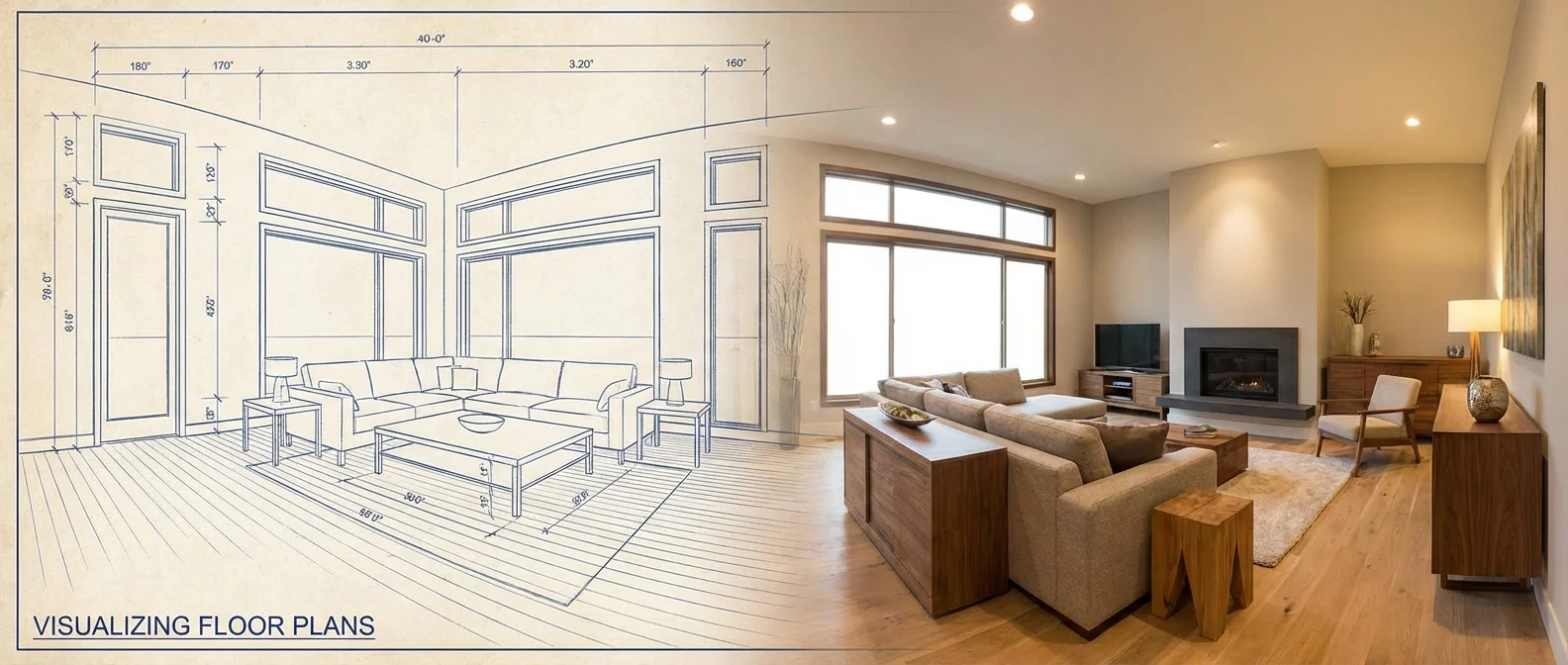 Wide panoramic view of Visualizing Floor Plans, an atmospheric scene of a modern living room transitioning from a 2D blueprint into a photorealistic 3D design, professional composition