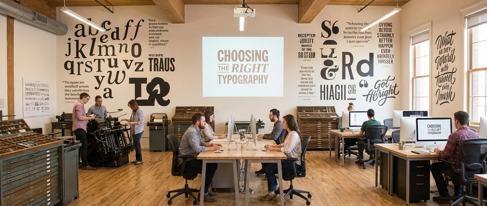 Breed panorama of Choosing the Right Typography, atmospheric display of various fonts on a modern office canvas, inviting composition, professional photography