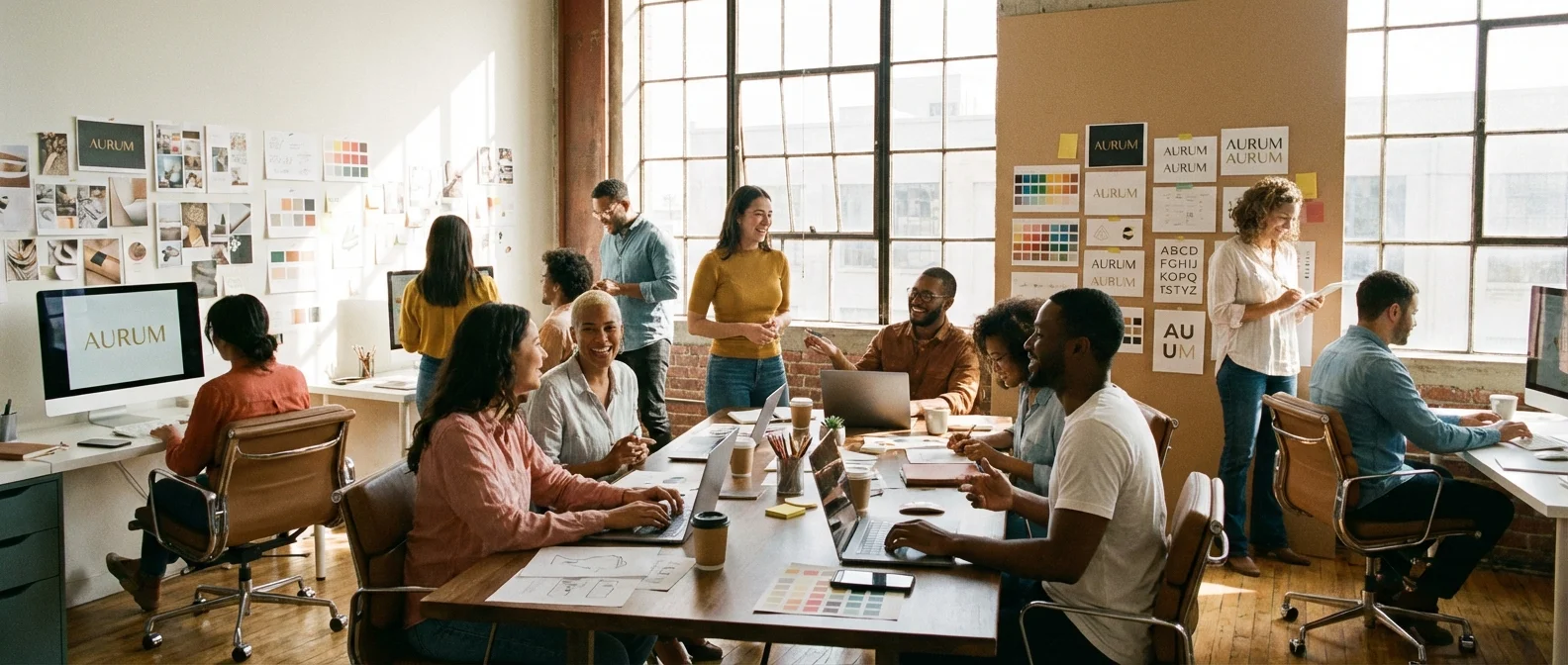 Wide panorama of Rebranding, atmospheric depiction of a creative team working on a new brand concept, inviting composition, professional photography