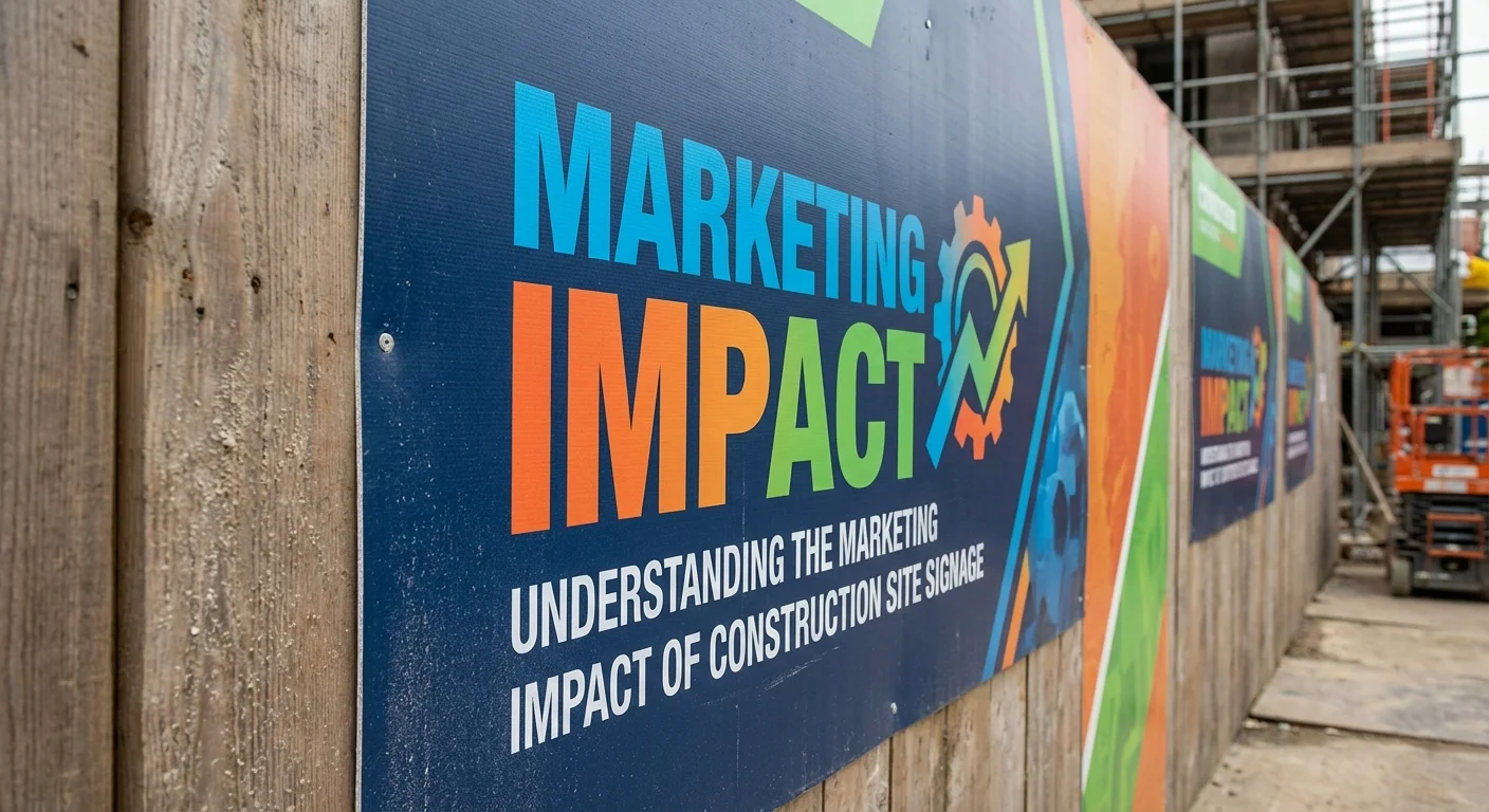 close-up detail shot, scherpe focus van Marketing Impact bij understanding the marketing impact of construction site signage, professionele uitstraling met levendige kleuren op een bouwschutting