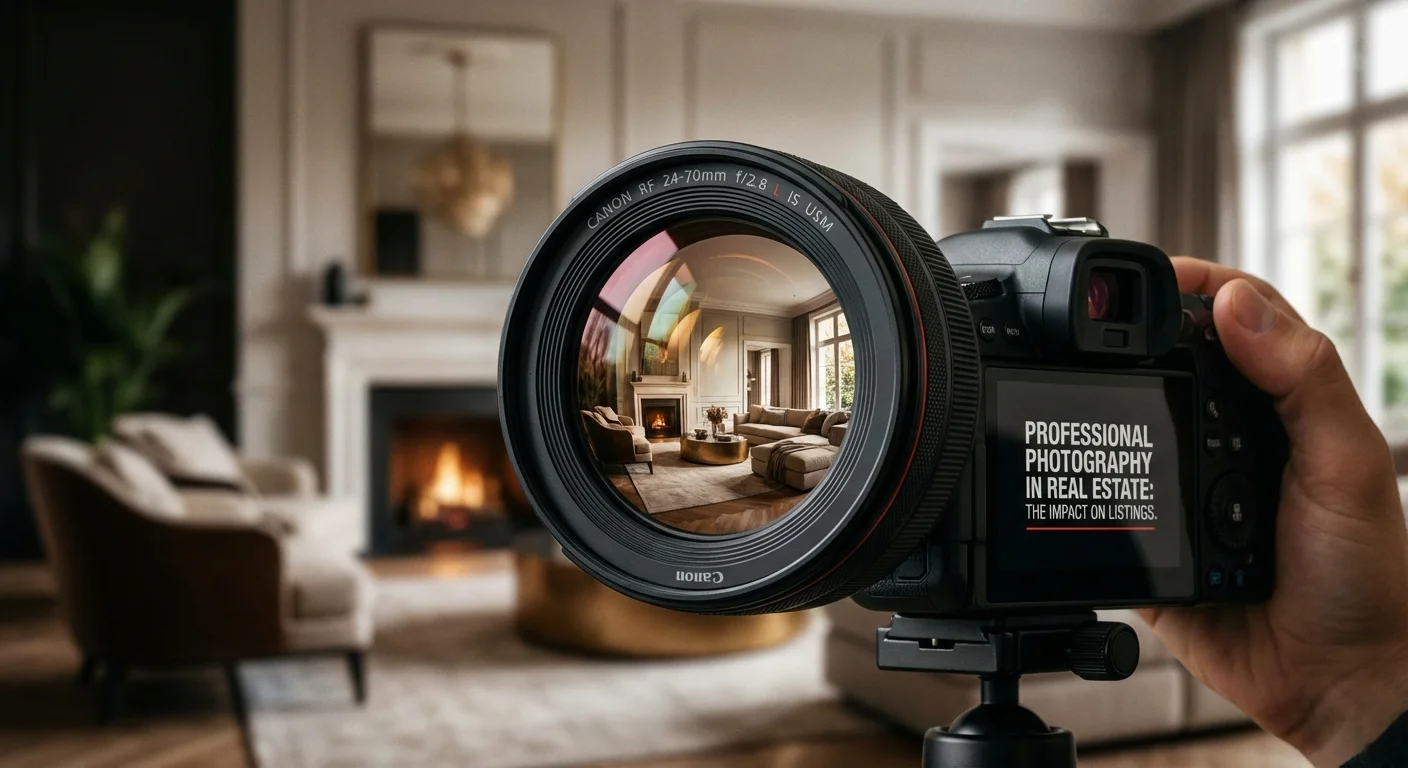 close-up detail shot, scherpe focus van Professional Photography in Real Estate bij the impact of professional photography in real estate listings, met een focus op een high-end camera lens die een sfeervolle woonkamer vastlegt, professionele uitstraling