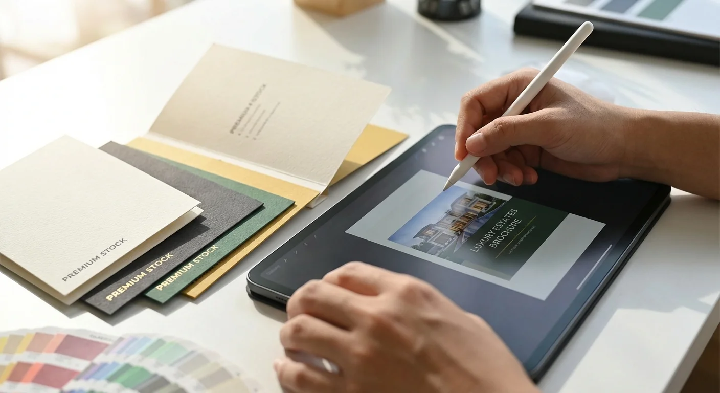 close-up detail shot, scherpe focus of a designer selecting a premium color palette to Create a Real Estate Brochure, showing high-end paper swatches and a digital stylus on a tablet