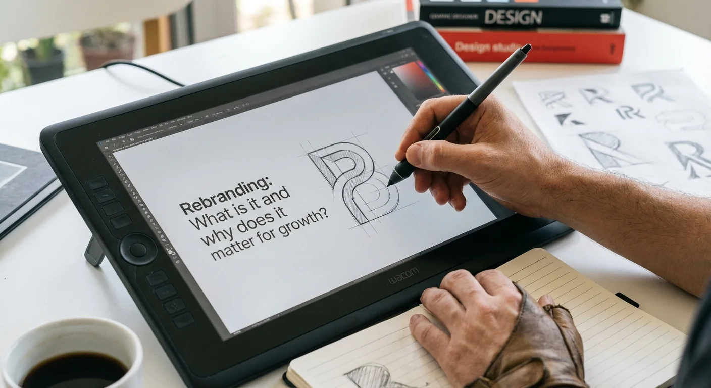 close-up detail shot, sharp focus of Rebranding in what is rebranding and why does it matter for growth?, professional appearance of a designer sketching a new logo concept on a digital tablet
