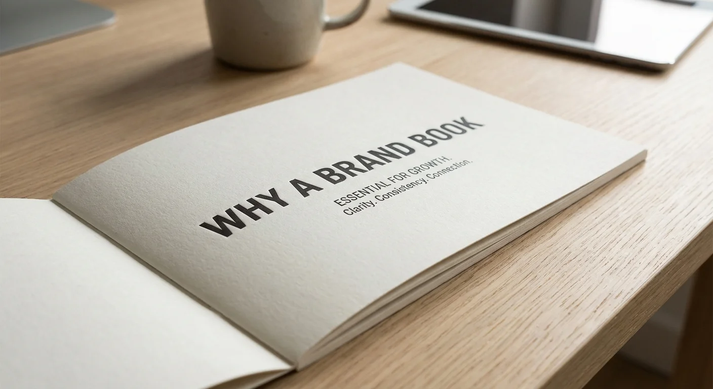 close-up detail shot, scherpe focus of a high-quality printed Why a Brand Book resting on a minimalist oak desk, highlighting the texture of the paper and the precision of the typography, illustrating why a brand book is essential for growth