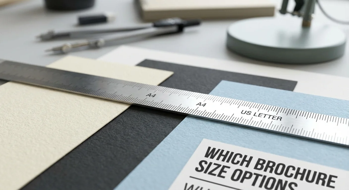 close-up detail shot, scherpe focus of various paper swatches and a ruler measuring Which Brochure Size options, illustrating the precision of standard dimensions in a professional studio setting