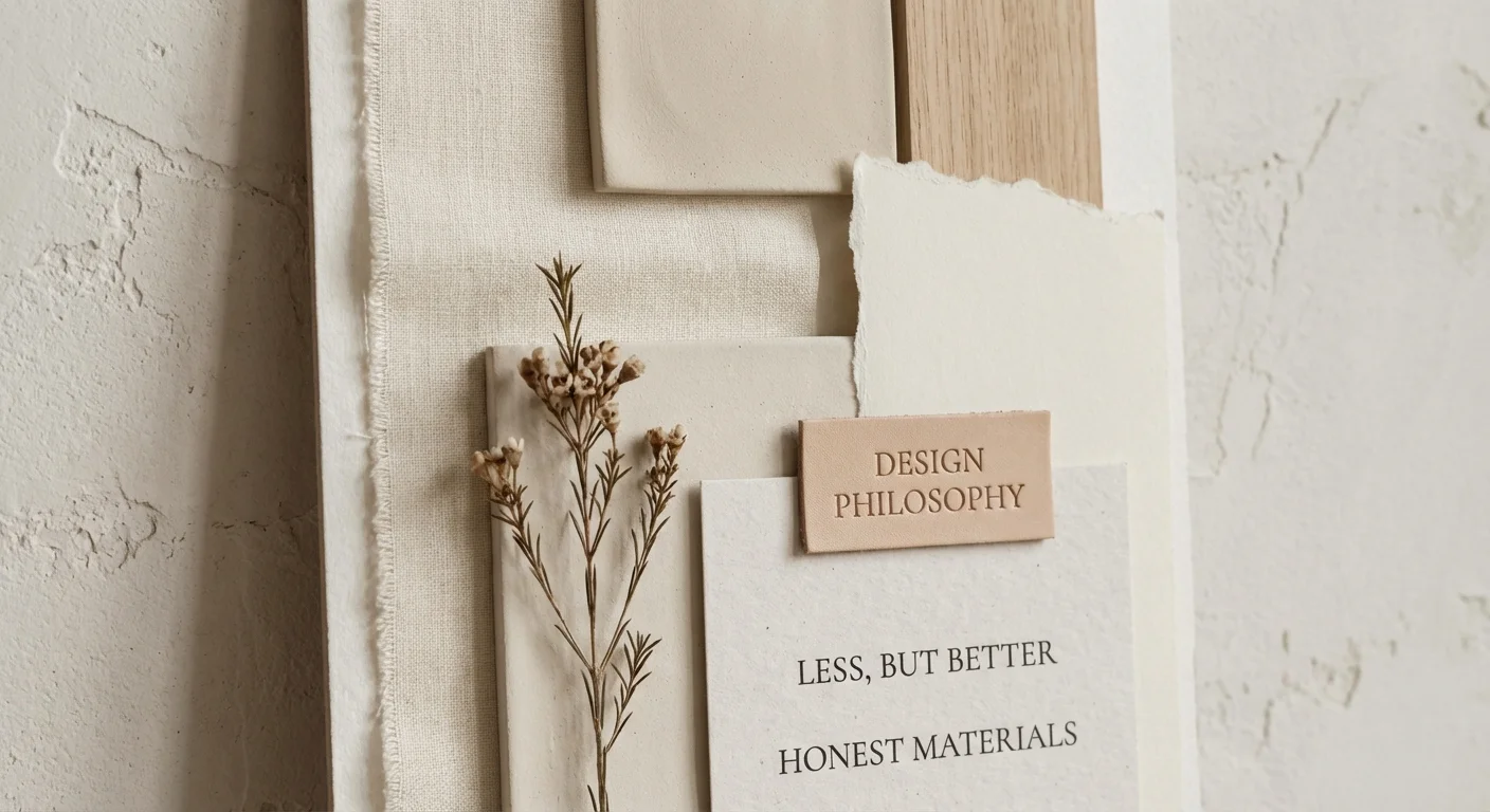 close-up detail shot, scherpe focus of a minimalist moodboard representing our Design Philosophy, featuring neutral textures and elegant typography