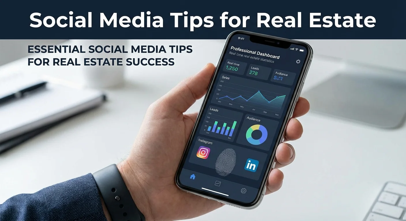 Close-up detail shot, sharp focus for Social Media Tips for Real Estate about essential social media tips for real estate success, professional look and feel featuring a smartphone screen displaying real estate statistics and interactive charts.