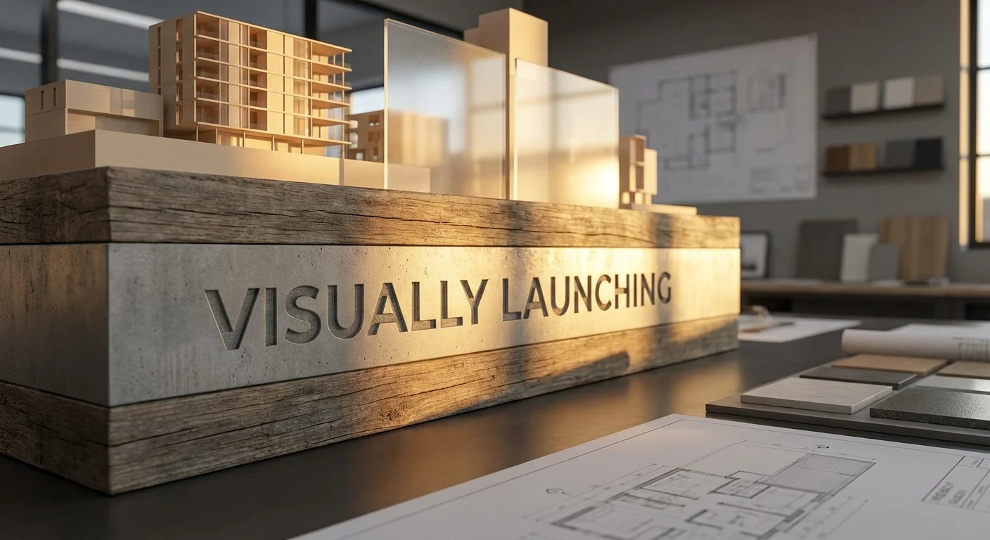 Close-up detail shot, sharp focus for Visually Launching showing the importance of visually launching your real estate project, professional look and feel with architectural textures and golden sunlight.