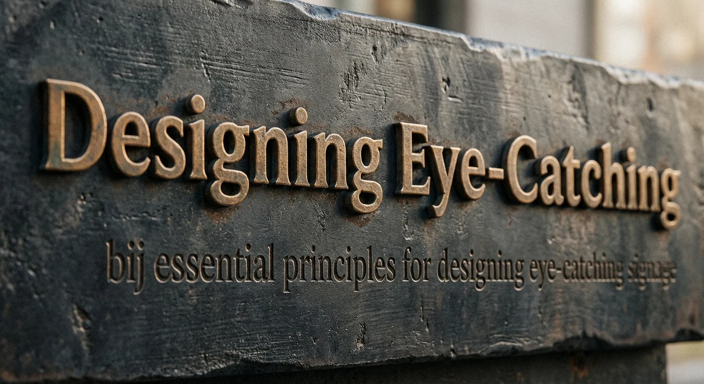 close-up detail shot, sharp focus of Designing Eye-Catching in essential principles for designing eye-catching signage, focus on the texture of high-quality materials and typography
