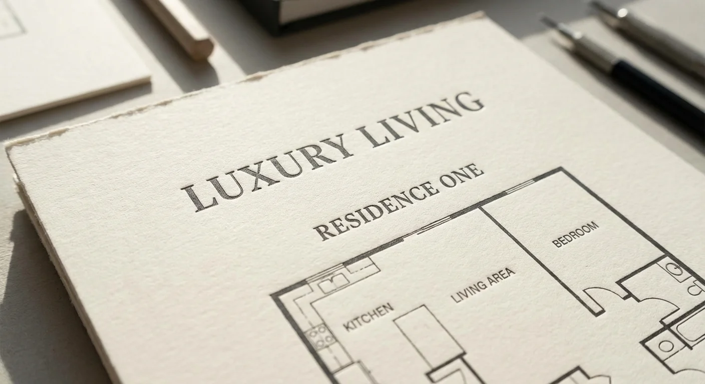 close-up detail shot, scherpe focus of a high-quality printed layout used to Create a Real Estate Brochure, featuring elegant typography and a minimalist floor plan design