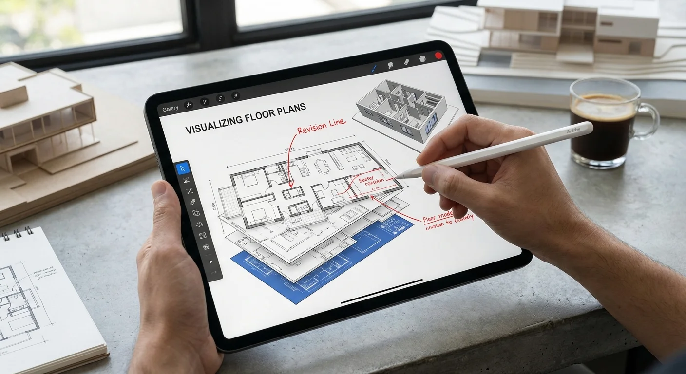close-up detail shot, sharp focus of Visualizing Floor Plans where a digital pen makes changes on a tablet screen, modern architectural workflow