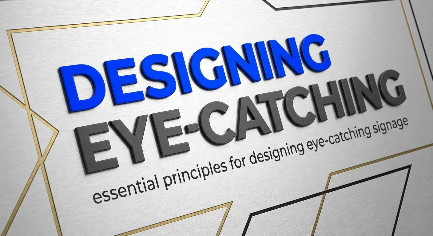 close-up detail shot, sharp focus of Designing Eye-Catching at essential principles for designing eye-catching signage, display of modern color contrast and clean lines on a metal surface