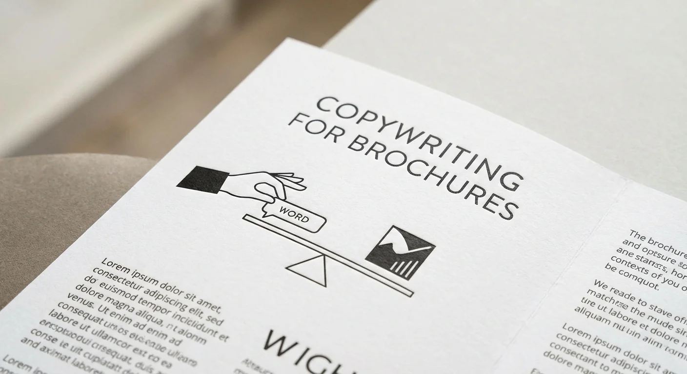 close-up detail shot, sharp focus on the typography and white space in a modern design for Copywriting for Brochures, illustration of the balance between text and visual elements