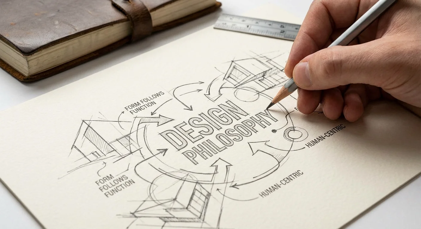 Close-up detail shot, sharp focus of a designer sketching the initial concepts of a Design Philosophy on premium paper, showing intricate line work.
