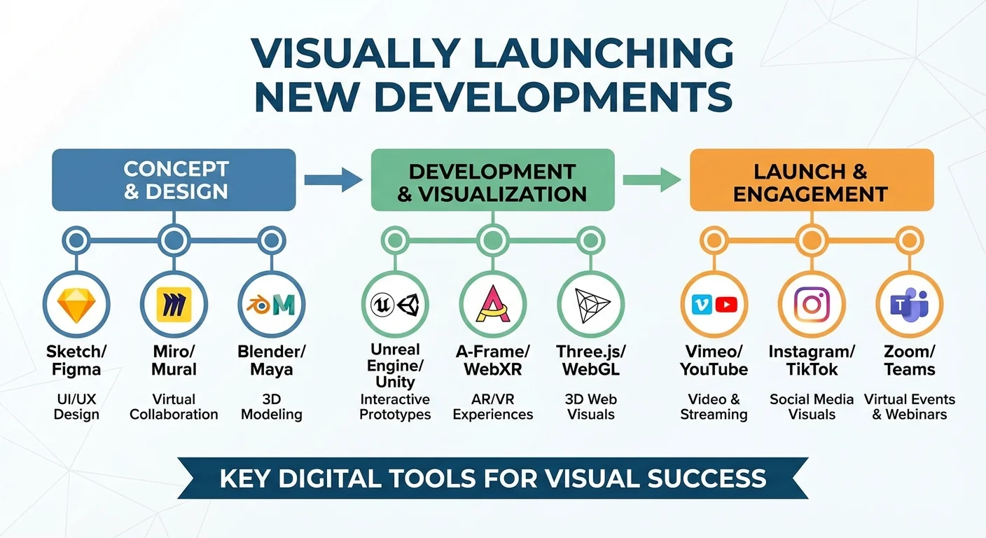Diagram or infographic style, clear and informative for Visually Launching showing key digital tools for visually launching new developments, professional look and feel.