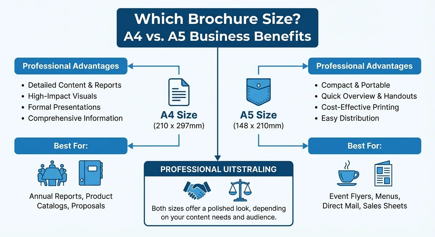 Diagram of infographic style, clear and informative of Which Brochure Size on the benefits of using a4 and a5 sizes for business, professional appearance