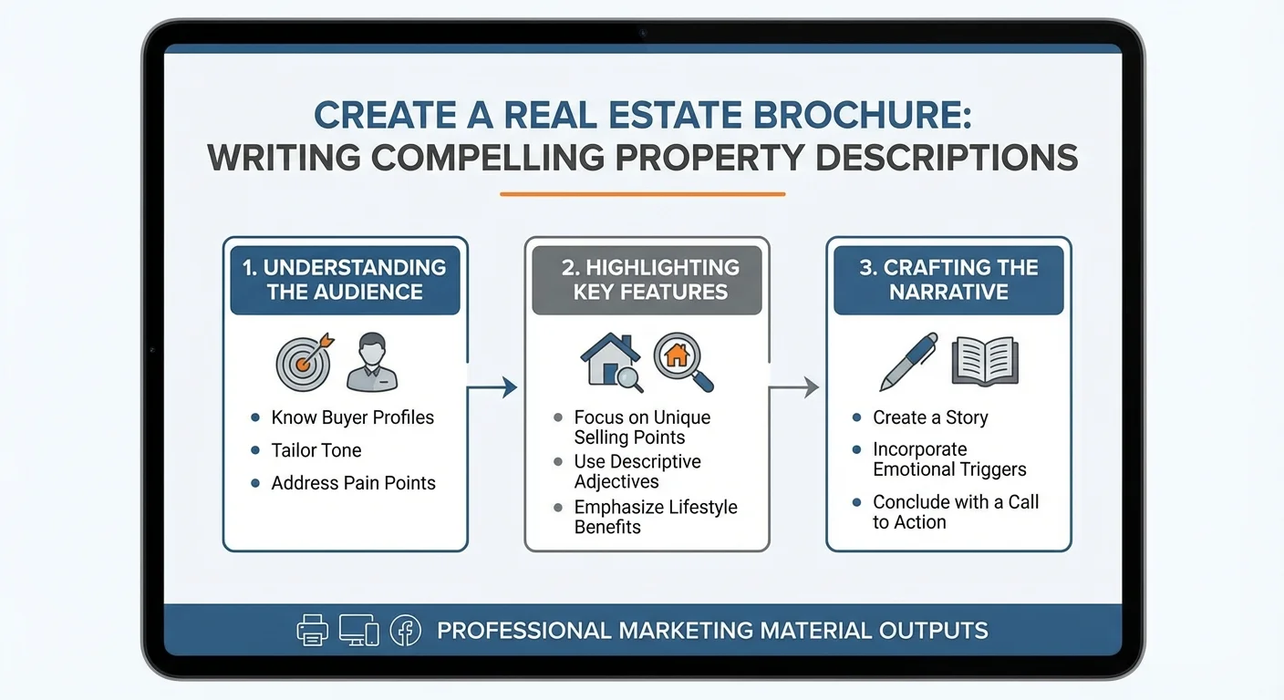 diagram of infographic stijl, helder en informatief van Create a Real Estate Brochure bij writing compelling property descriptions for your marketing material, professionele uitstraling