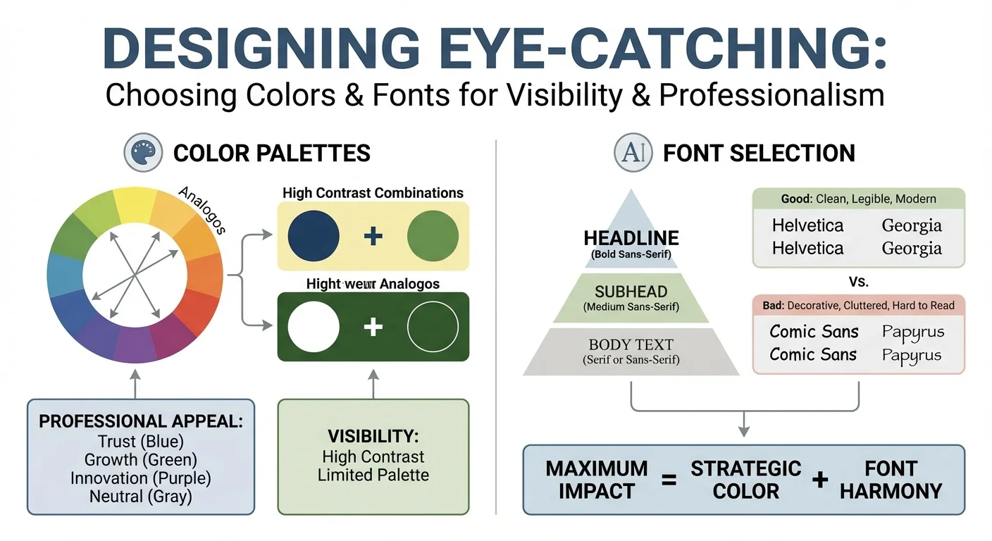 diagram in infographic style, clear and informative about striking designs when choosing the right colors and fonts for maximum visibility and a professional appearance