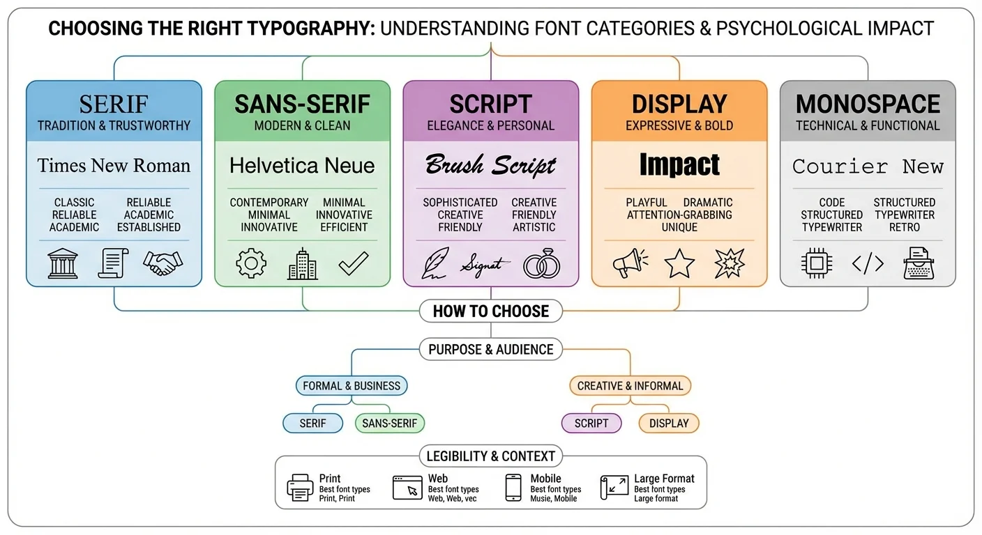 diagram of infographic stijl, helder en informatief van Choosing the Right Typography bij understanding different font categories and their psychological impact, professionele uitstraling
