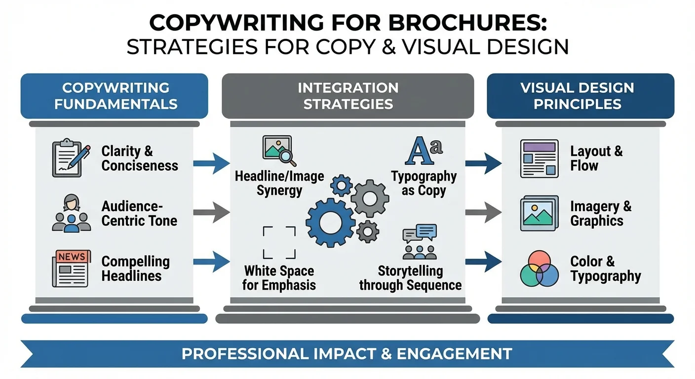 Diagram of infographic style, clear and informative about Copywriting for Brochures with strategies for writing copy that complements visual design, professional appearance