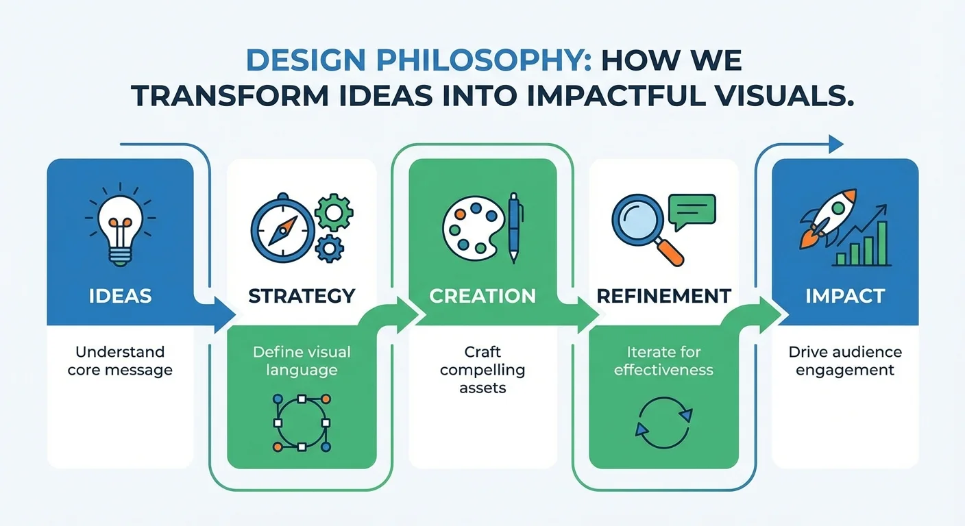 Diagram or infographic style, clear and informative for Design Philosophy showing how we transform ideas into impactful visuals, professional look and feel.