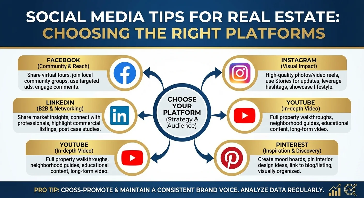 Diagram or infographic style, clear and informative for Social Media Tips for Real Estate about choosing the right platforms for your property listings, professional look and feel.