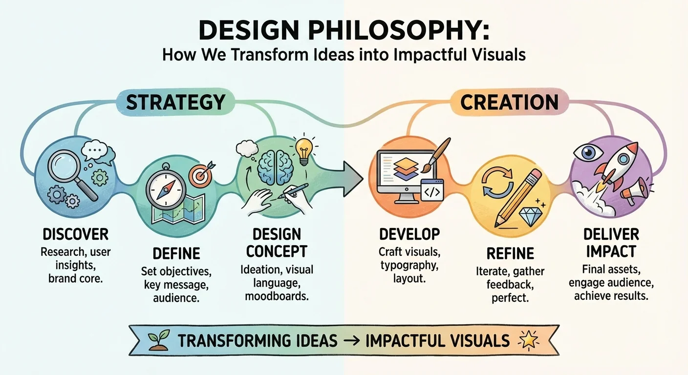Infographic style showing the Design Philosophy process of how we transform ideas into impactful visuals, with icons for strategy and creation.
