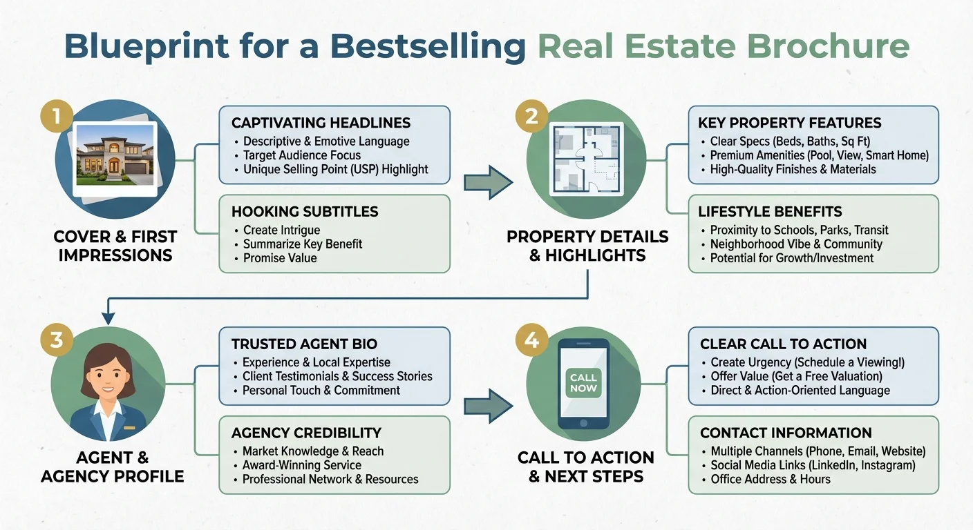 infographic stijl overzicht van tekstuele elementen om te Create a Real Estate Brochure met pakkende koppen en bullet points