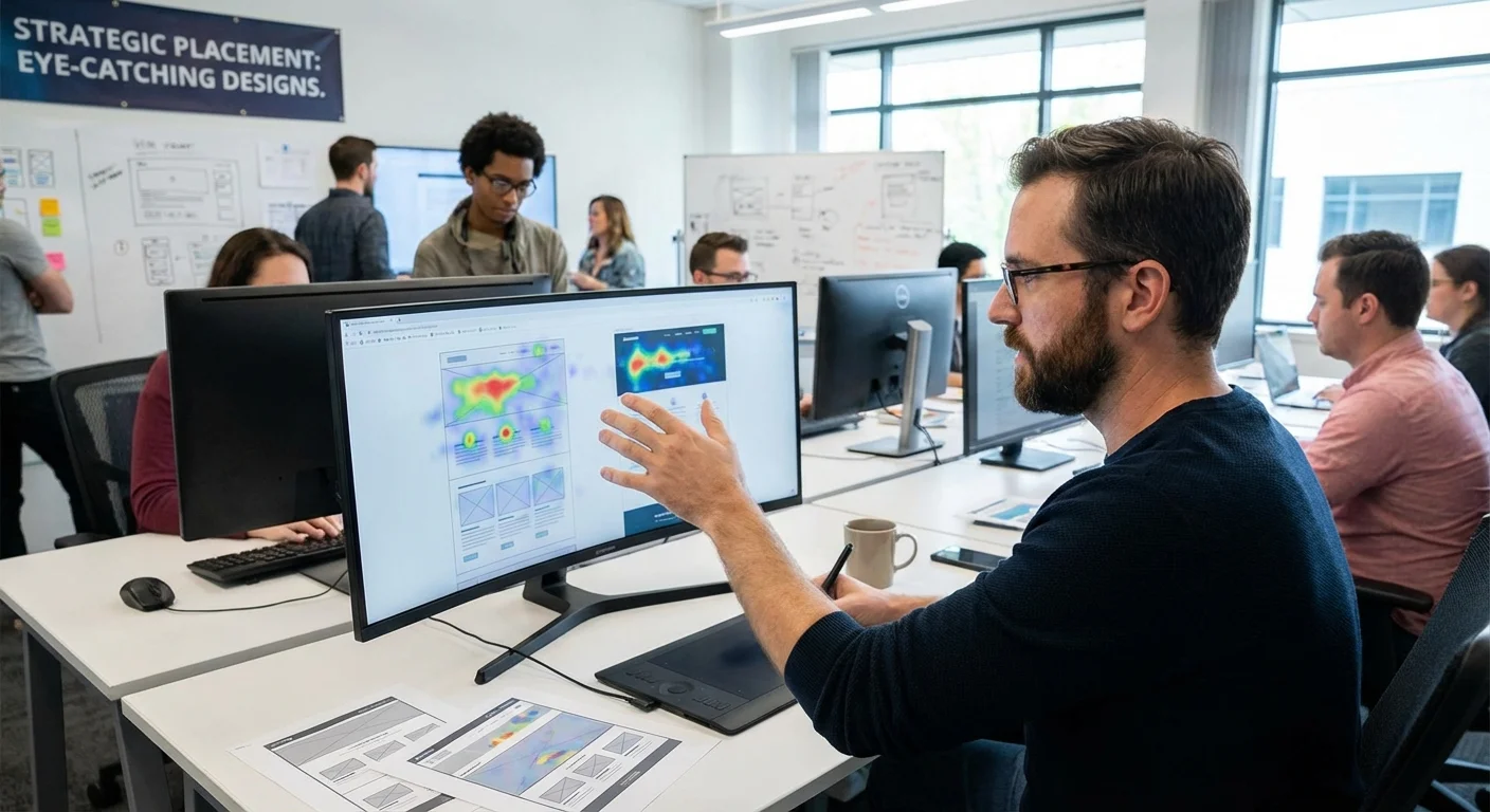 realistic action photo, dynamic perspective of Designing Eye-Catching placement strategies showing a professional designer analyzing heatmaps on a large monitor to optimize layout, professional atmosphere