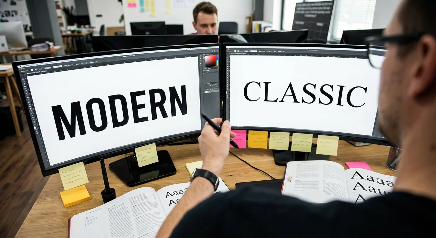 realistic action photo, dynamic perspective of Choosing the Right Typography showing a designer comparing serif and sans-serif fonts on a dual-monitor setup, professional atmosphere