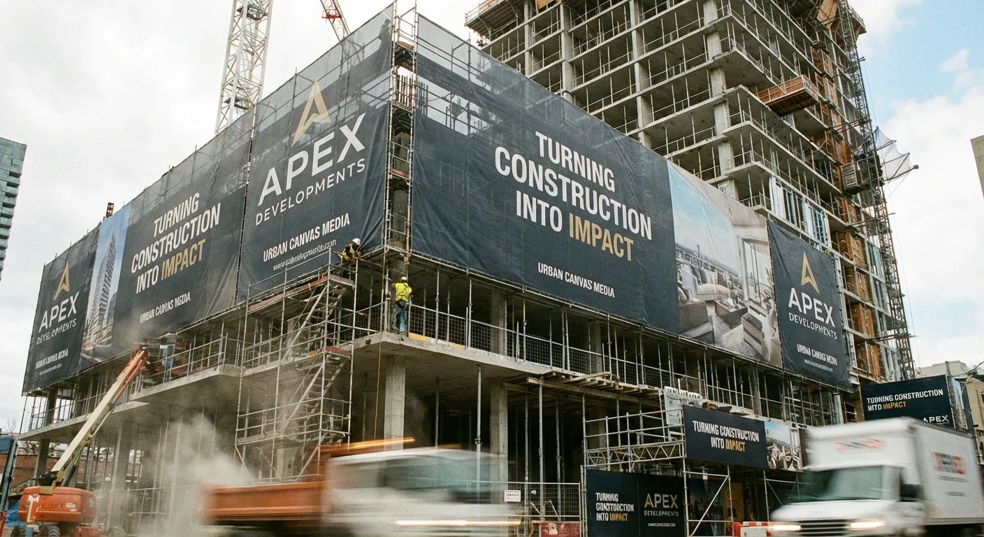 realistische actie foto, dynamisch perspectief van Marketing Impact bij turning construction sites into professional advertising hubs, professionele uitstraling van hoogwaardige mesh banners op een actieve bouwplaats