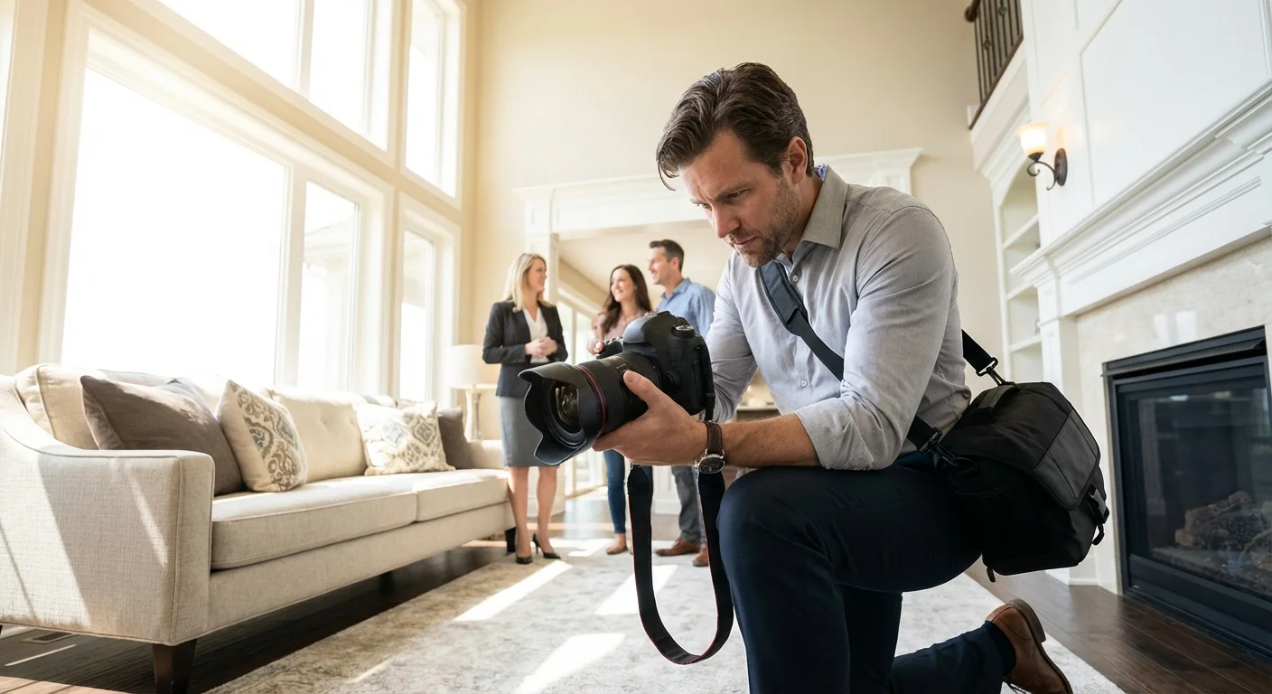 realistische actie foto, dynamisch perspectief van Professional Photography in Real Estate bij first impressions: capturing potential buyers in seconds, professionele uitstraling van een fotograaf die een groothoeklens instelt in een luxe woonkamer met natuurlijk licht