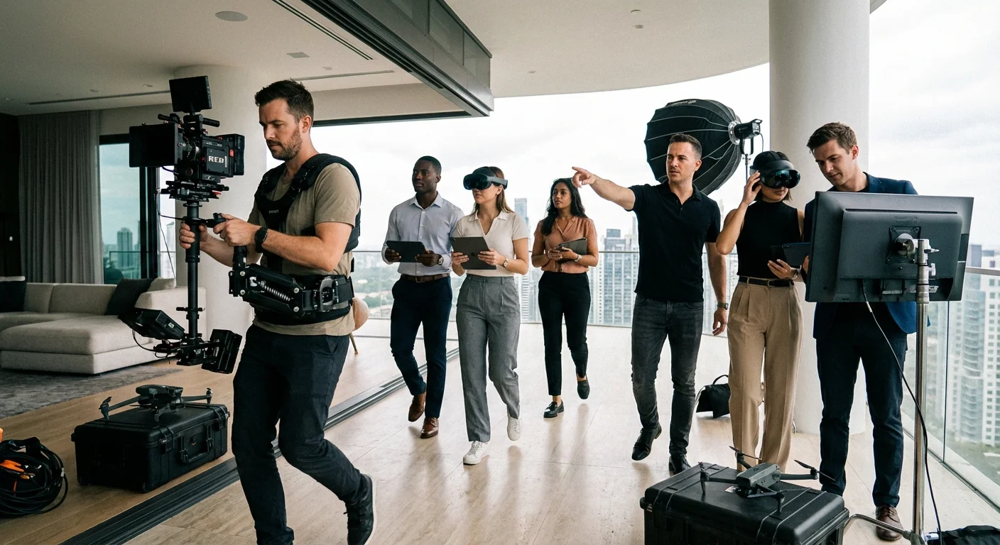 realistische actie foto, dynamisch perspectief van een Marketing Strategy team dat een high-end virtual tour produceert met professionele camera-apparatuur en VR-headsets, professionele uitstraling
