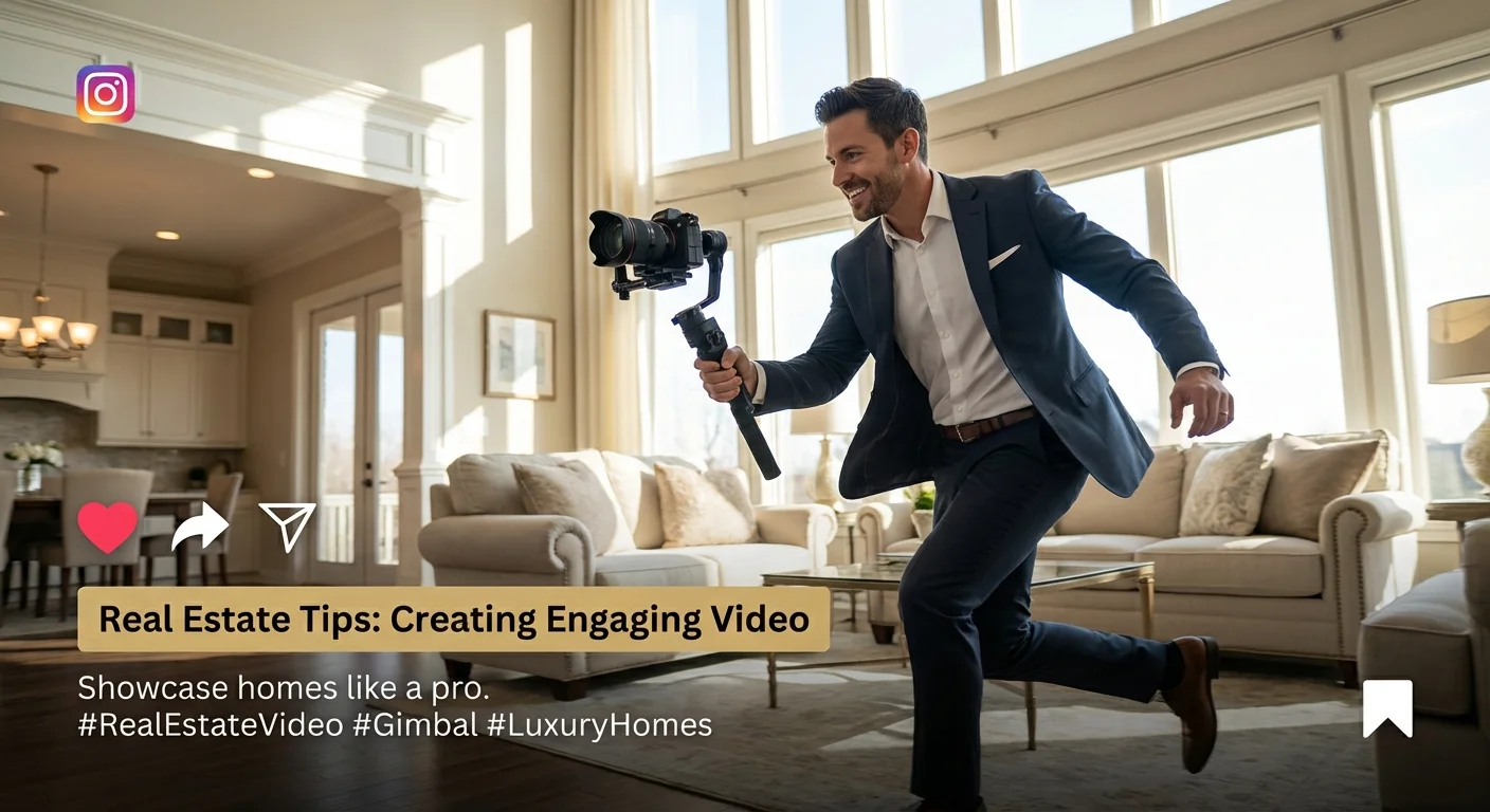 Realistic action photo, dynamic perspective for Social Media Tips for Real Estate showing how to create engaging video content to showcase homes, professional look and feel of a real estate agent using a high-end gimbal to film a sunny living room.